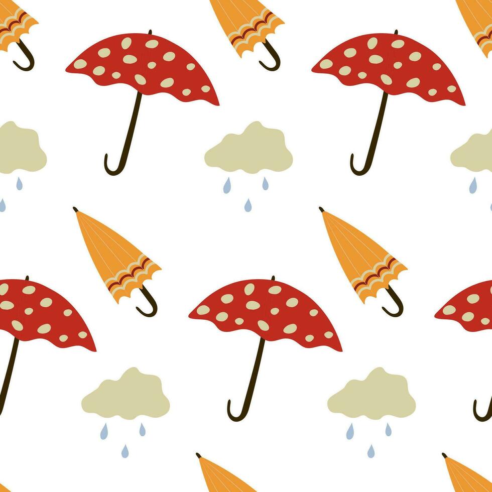 Fall seamless pattern. print with rain, clouds and umbrellas. hand drawn autumn weather illustration. vector