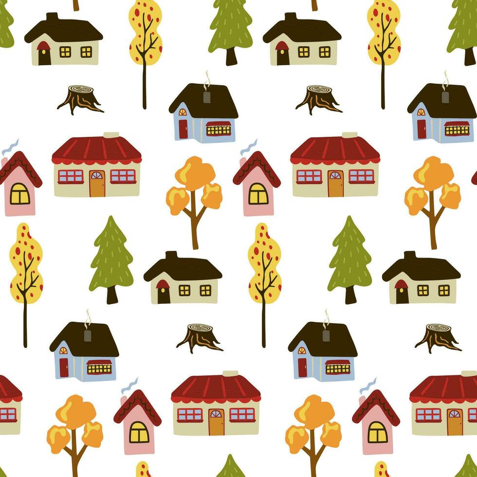 Seamless pattern with houses and autumn trees. Fall background. season backdrop. vector