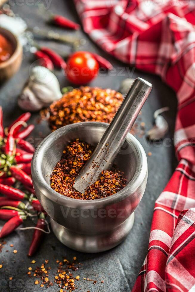 Dried ground chili in mortar close up photo