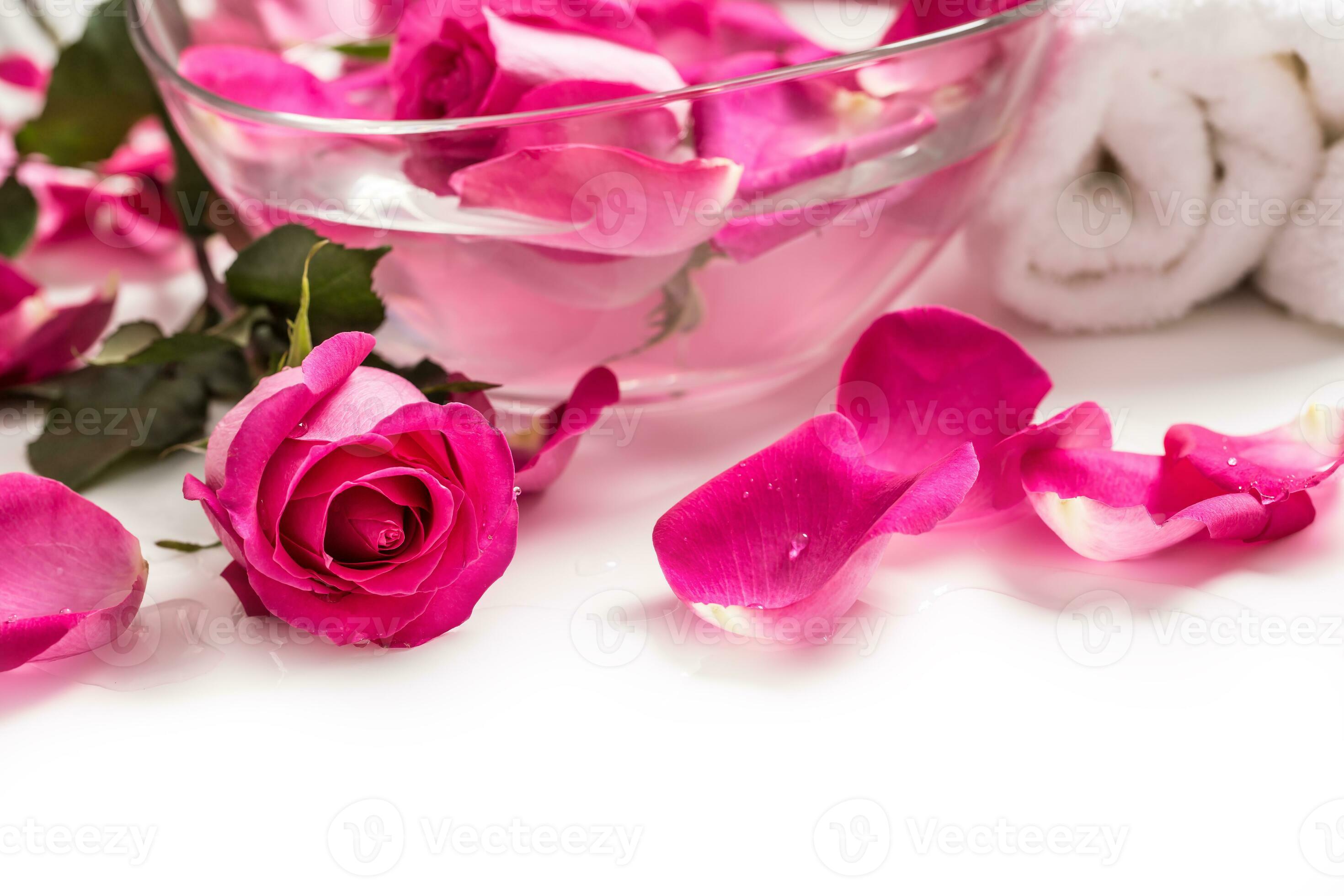 Pink roses petals in bowl with towels and pure water over white