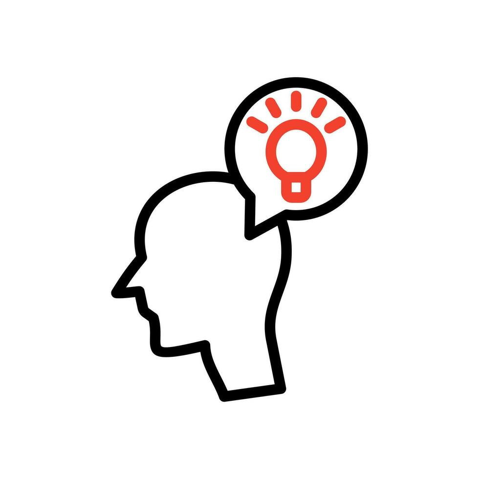 cabeza perfil icono con pensamiento idea pensamientos. cara con ligero bulbo. inteligente idea lámpara símbolo. mente control, positivo pensando y inspiración, psicología, vector ilustración en un blanco antecedentes.