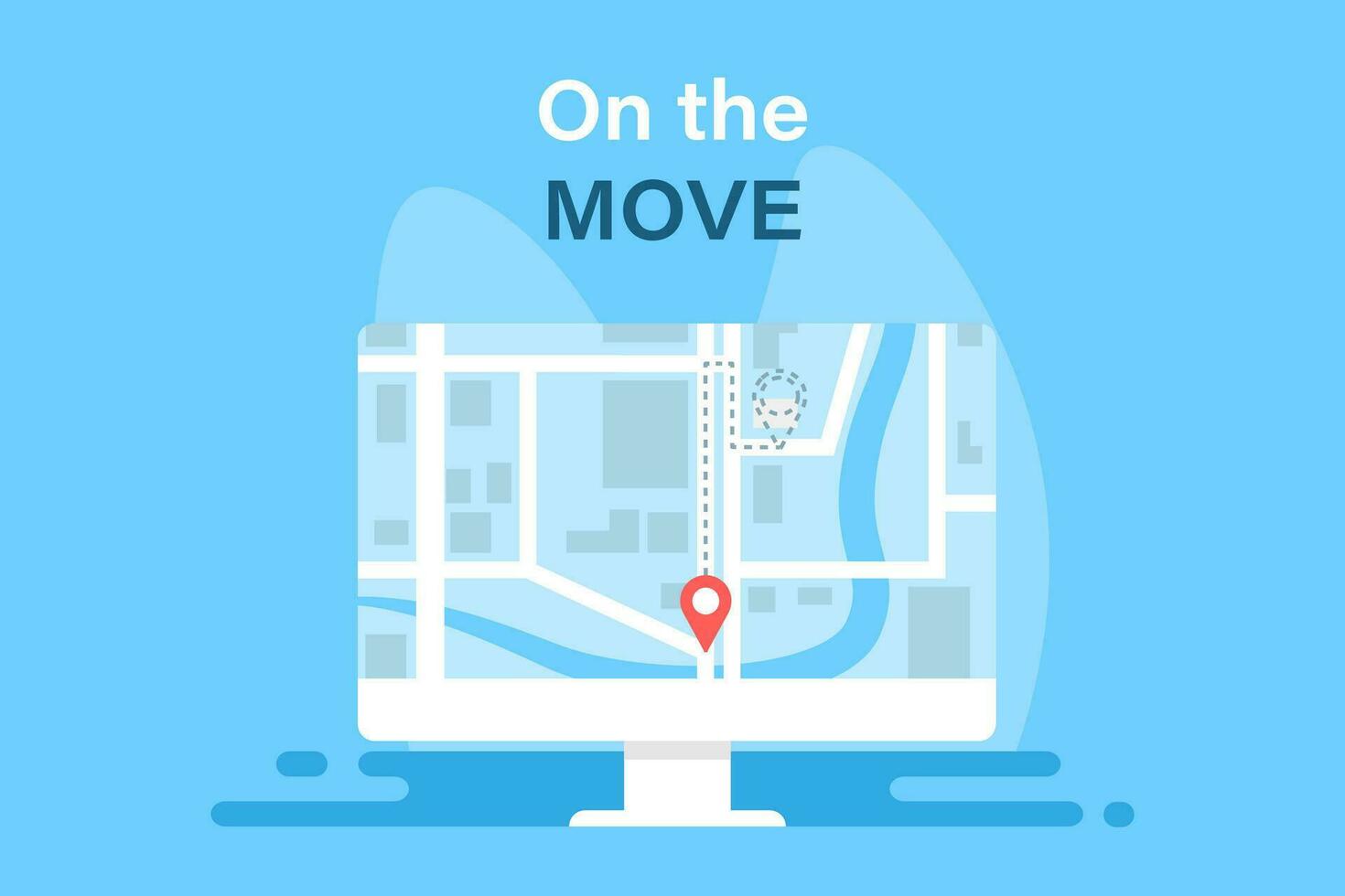 On the move. Modern illustration with map and map point in desktop vector