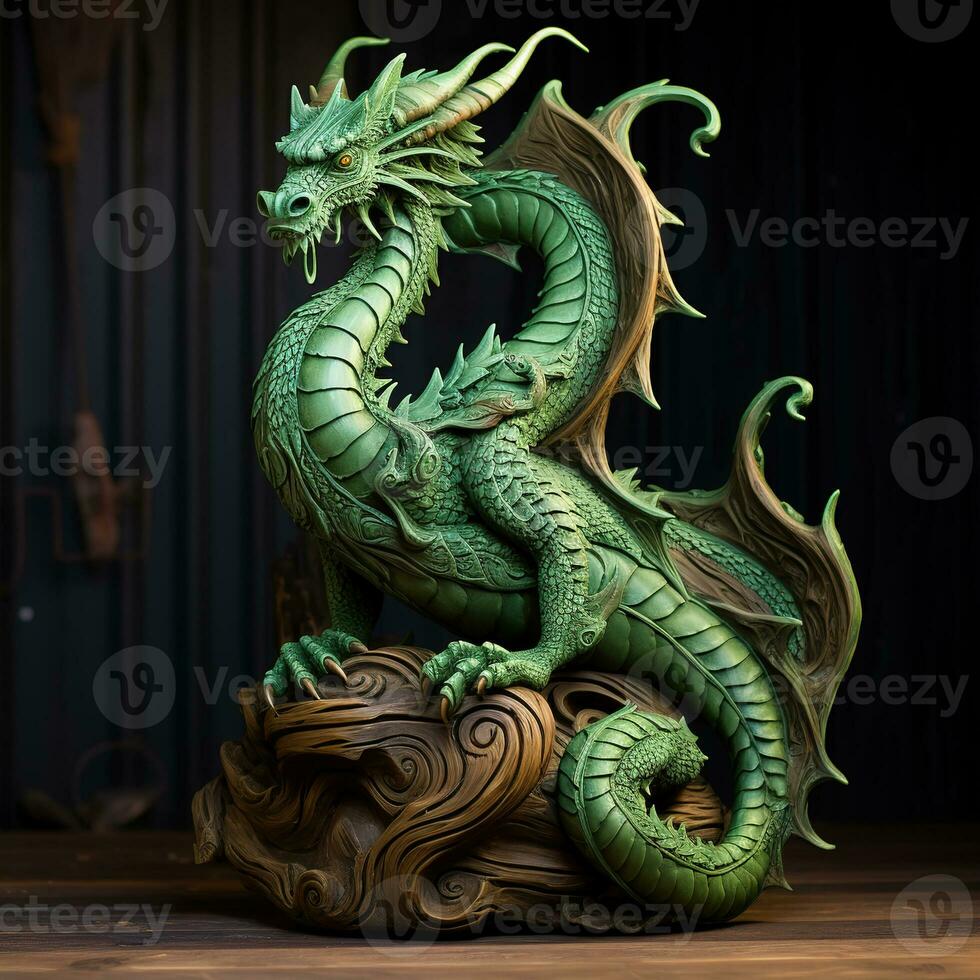 Green wooden dragon, new year 2024. photo