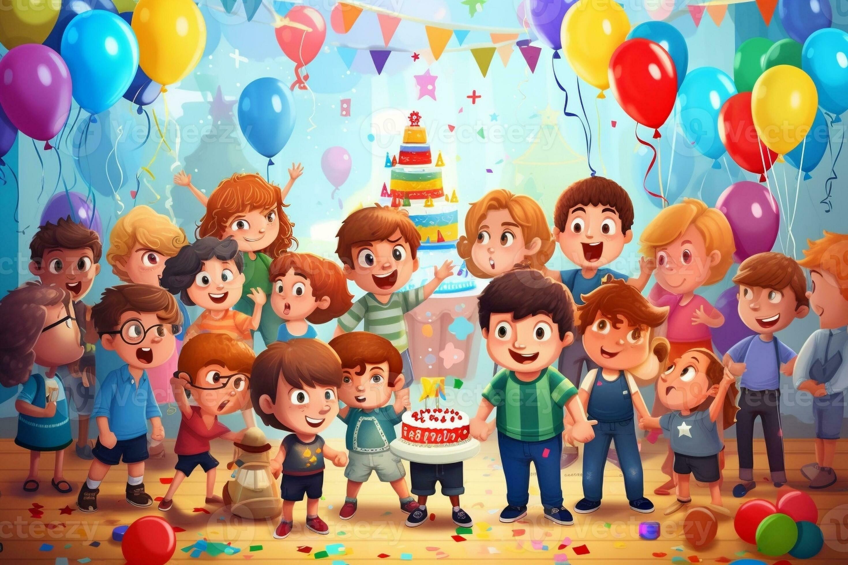 AI Generative childrens birthday happy kids with cake and ballons ...