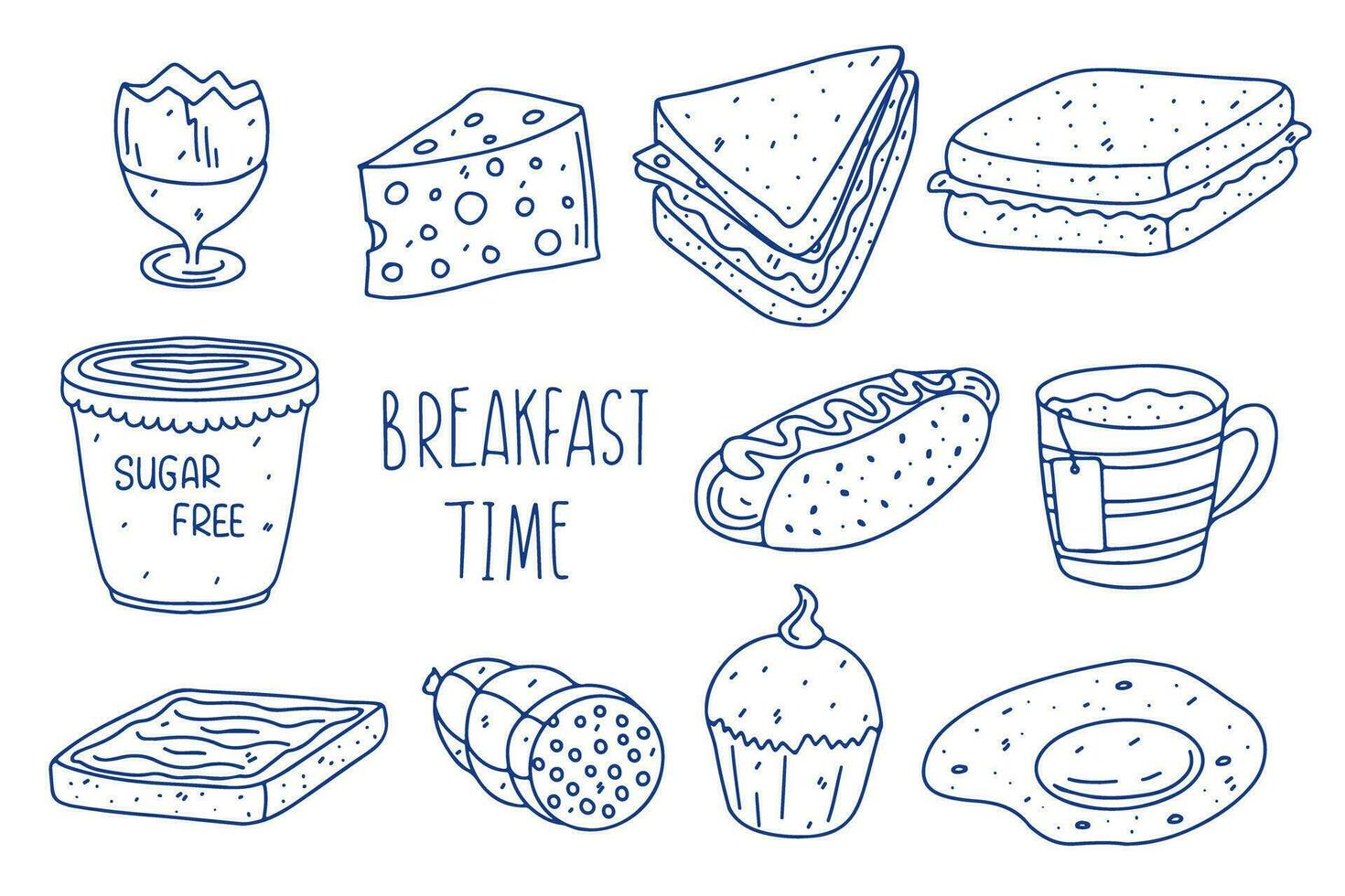 Set of Breakfast time. Hand drawn doodle style. Vector illustration isolated on white. Coloring page.