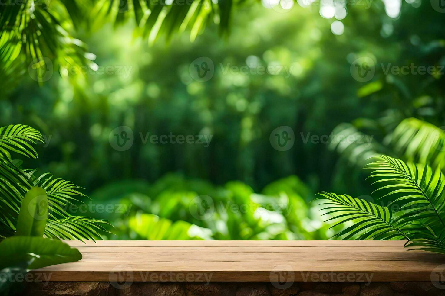 A rustic wood table for product display mockup in the middle of a nature Premade background photo