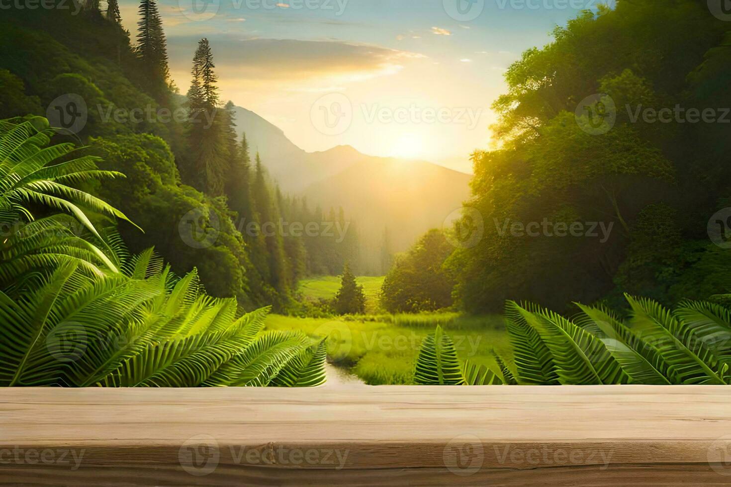 A rustic wood table for product display mockup in the middle of a nature Premade background photo