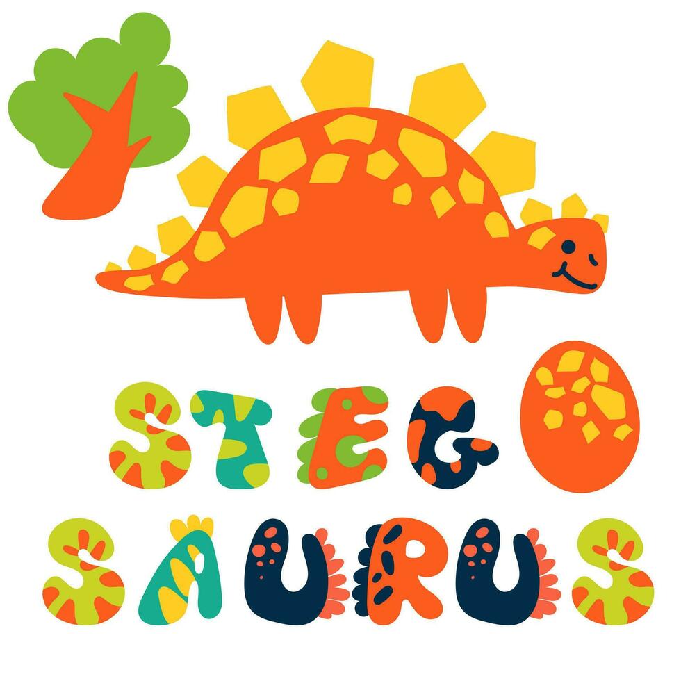 A cartoon stegosaurus with a signed view. Cute children's bright illustration on a white background for printing on postcards. Lettering dino font and elements of the tropics vector