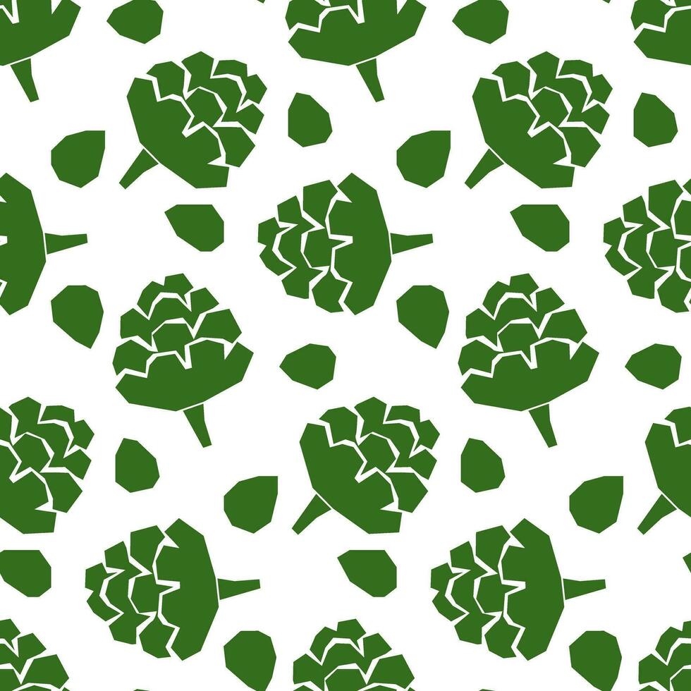 Cartoon seamless pattern of geometric green artichoke on a white background. Vegetable theme background, vector illustration of vegetables, desktop wallpaper, healthy vegan food. Packaging for product