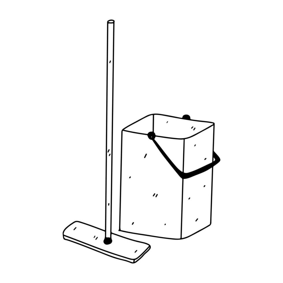 Mop and bucket for house cleaning. Hand drawn doodle style. Vector illustration isolated on white. Coloring page.
