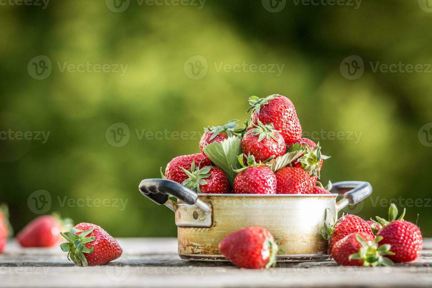 Fresh ripe strawberries in vintage kitchen pot on old garden table photo