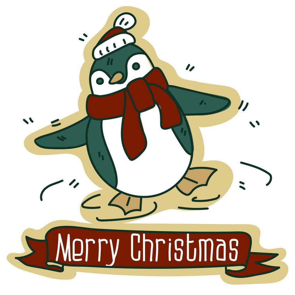 A postcard with a Christmas penguin in a hat and scarf sliding on ice, a cartoon Christmas vector illustration. A postcard for the holiday in retro style. Cartoon object