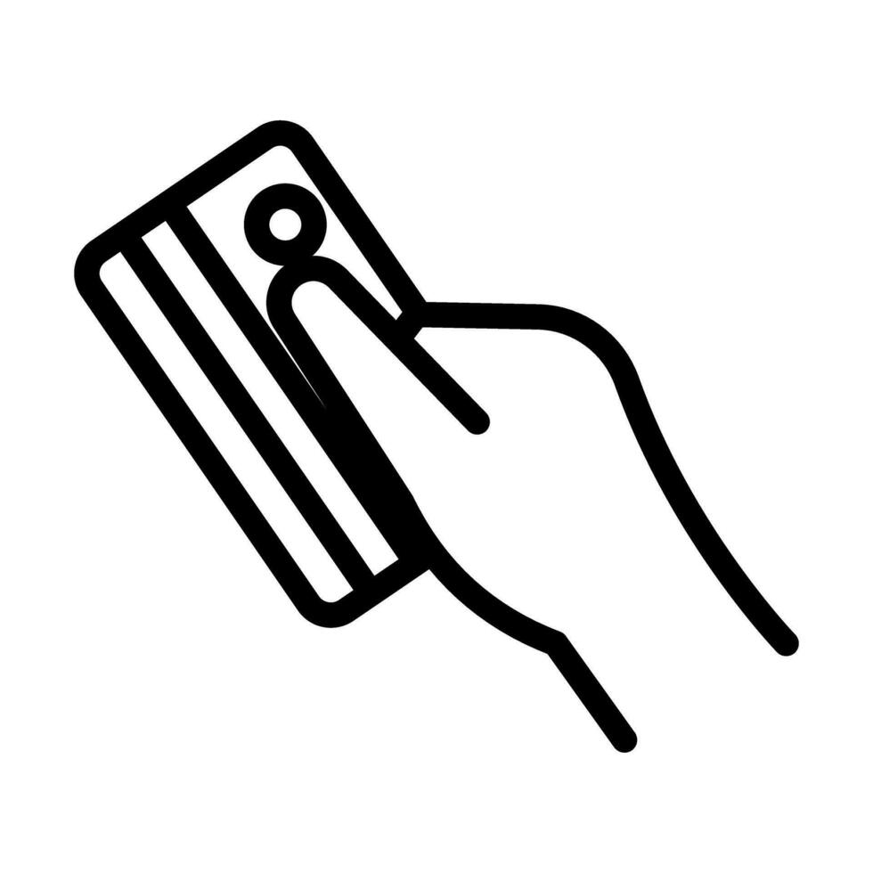 Vector hand pose counting, giving, taking, squeezing and showing credit card. Debit or credit card in hand icon. Finance concept. Editable stroke. Line icon of hand holding bank card.