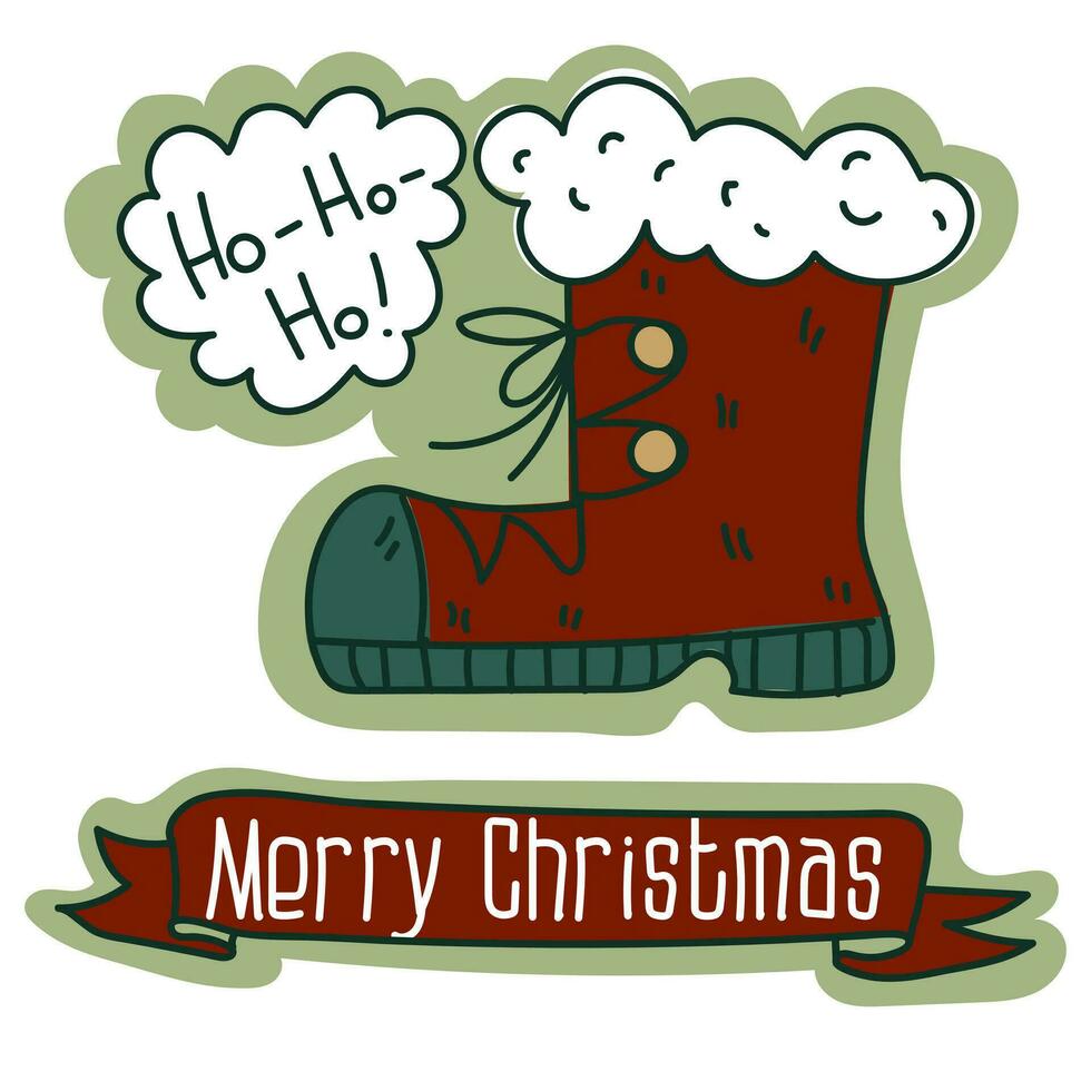 Postcard with Santa Claus's Christmas boot and Ho-ho-ho sound, cartoon Christmas vector illustration. A postcard for the holiday in retro style. Cartoon object