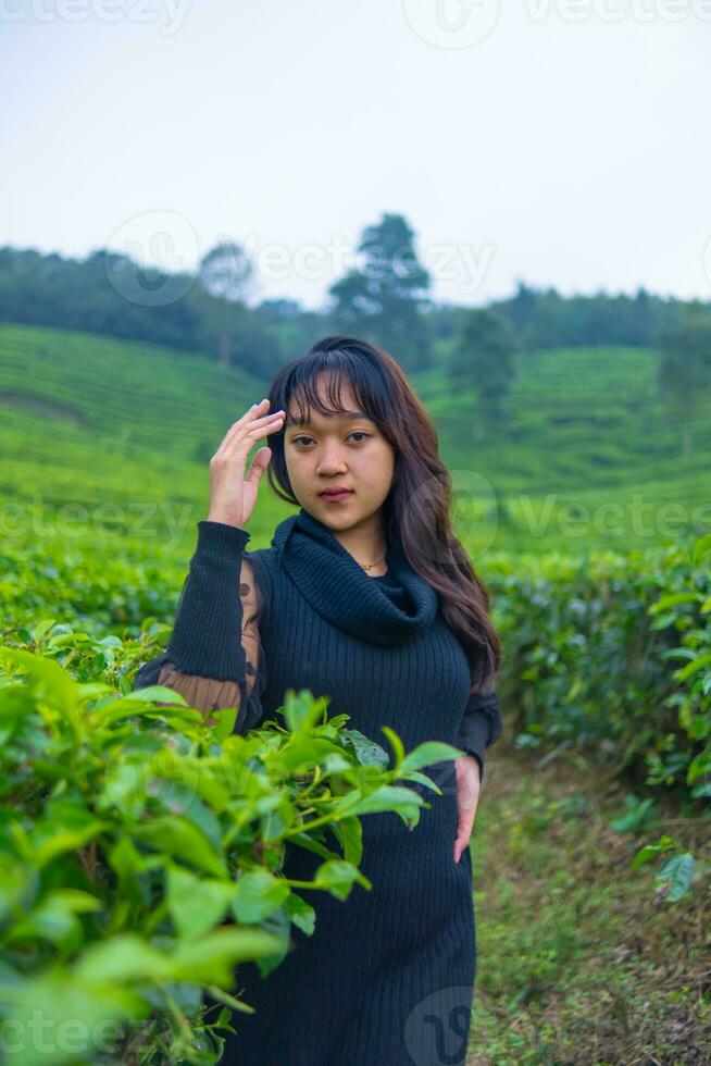 an Asian woman in a black dress is posing in front of a very beautiful tea plantation photo