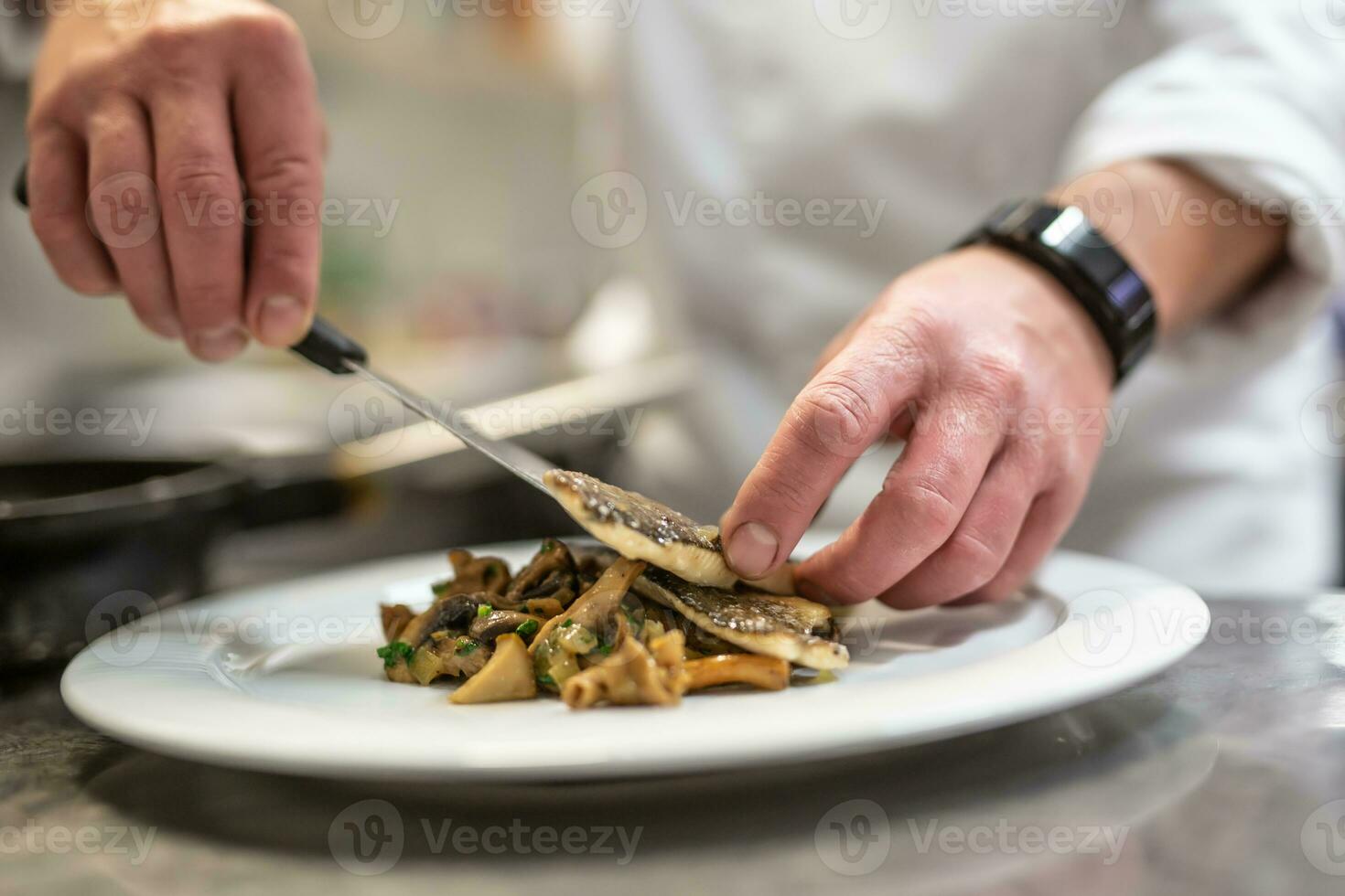 Chef plating fish on vegetables getting food ready for serving photo