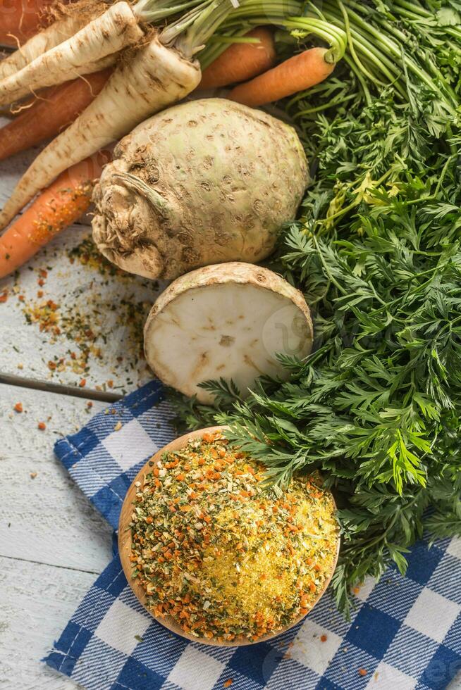 Seasoning spices condiment vegeta from dehydrated carrot parsley celery parsnips and salt with or without glutamate photo