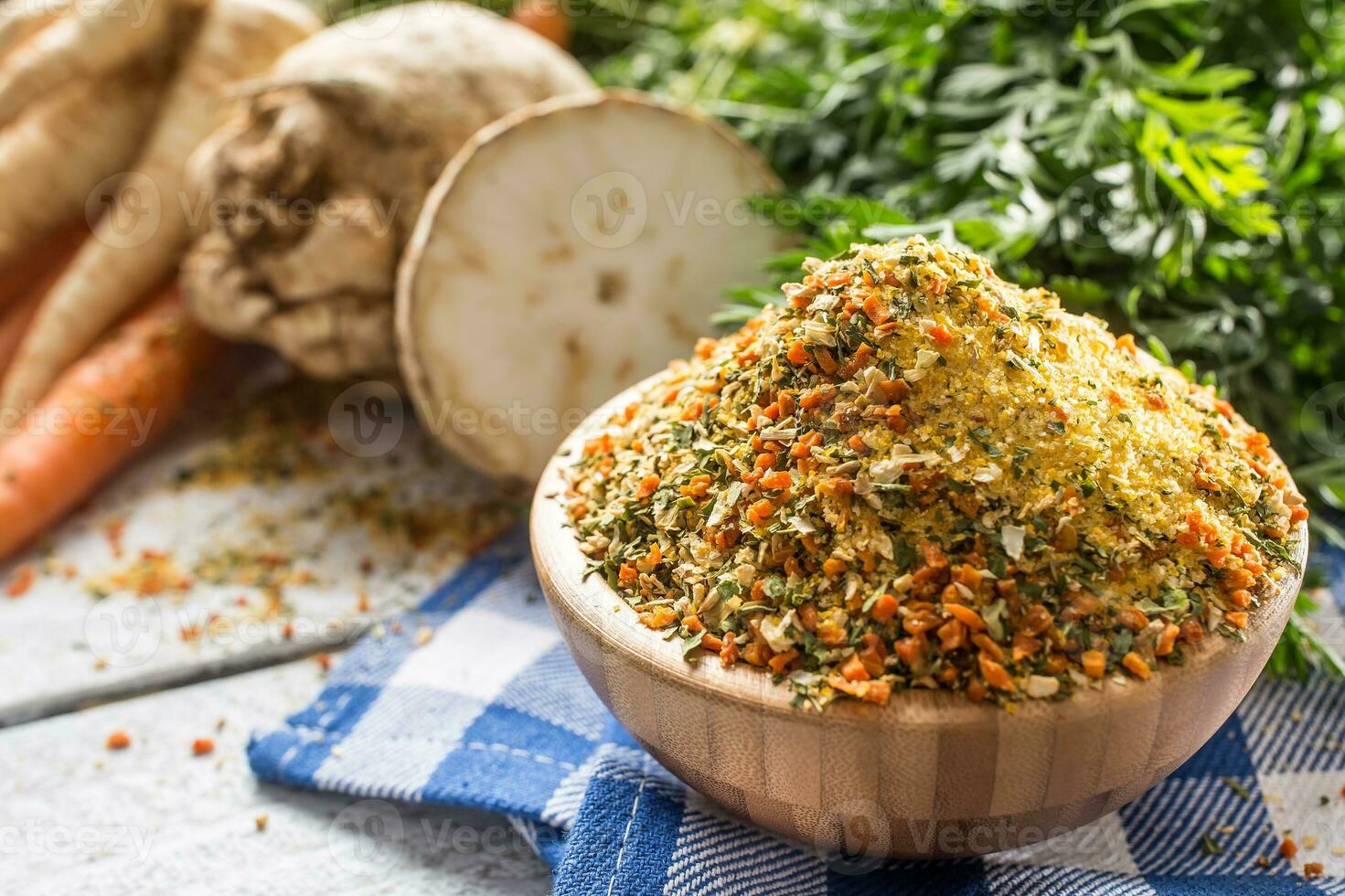 Seasoning spices condiment vegeta from dehydrated carrot parsley celery parsnips and salt with or without glutamate photo