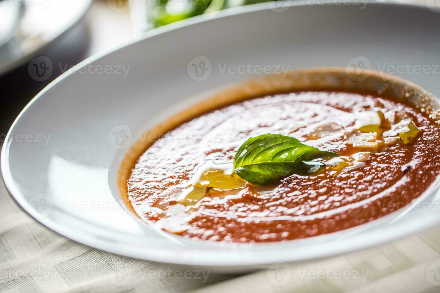 tomate sopa tradicional Mediterráneo comida con parmesano y albahaca foto