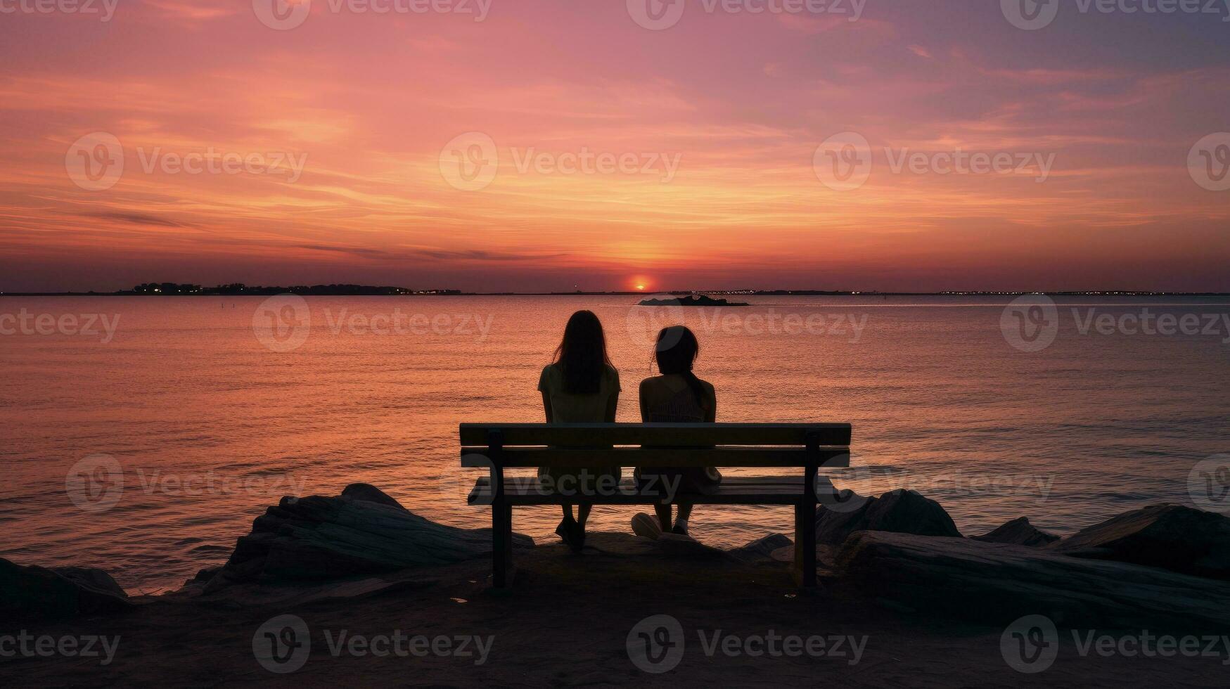 dos sin rostro muchachas sentar en un banco con vista a calma agua un rocoso costa y un rosado cielo a noche personas comunicar en el horizonte mientras buques vela a mar. silueta concepto foto