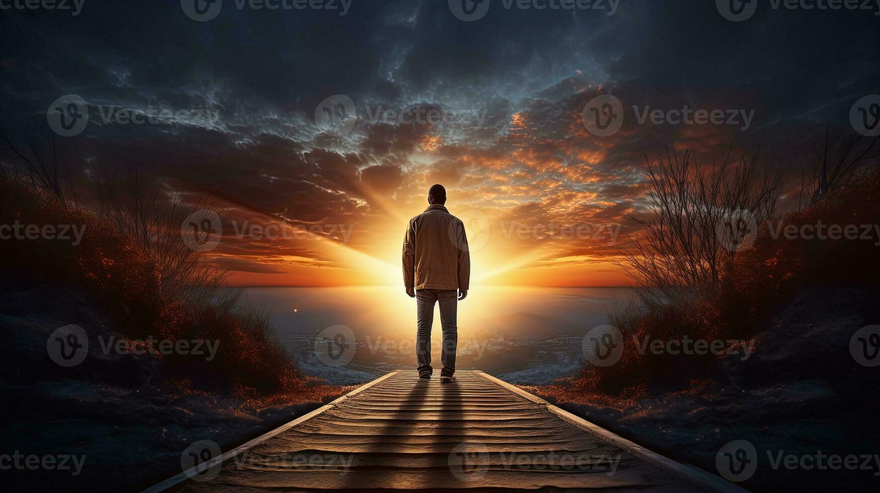 Man standing at the path s end at sunset with a silhouette photo