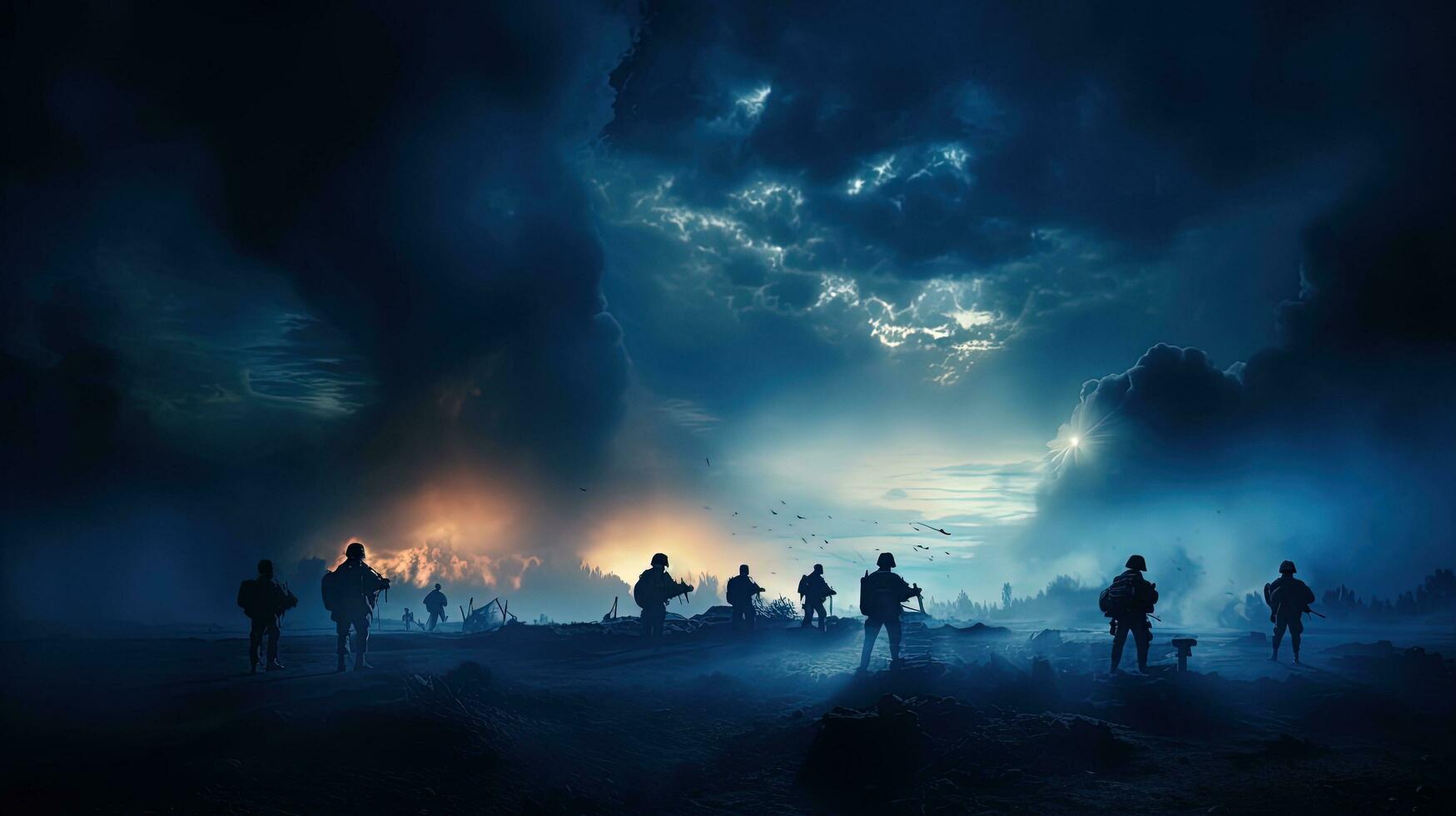Silhouetted soldiers in a foggy sky below a cloudy skyline at night engaged in battle Armored vehicles included photo