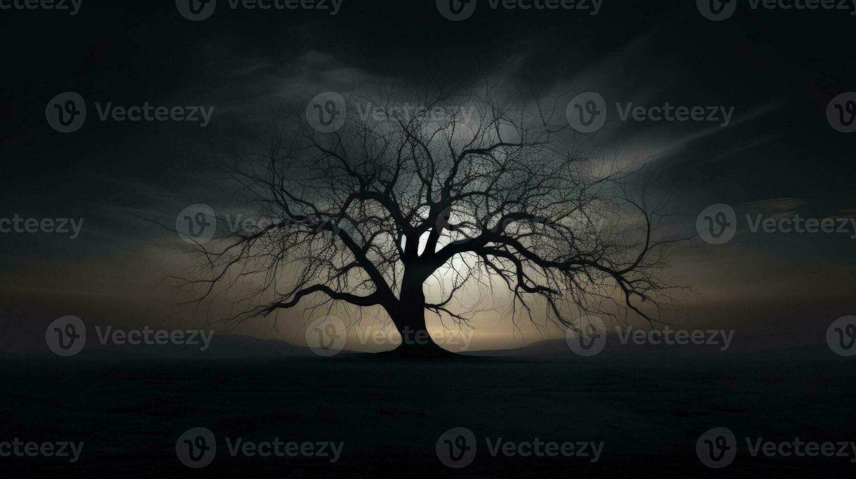 The bare spooky tree stands alone in eerie silence. silhouette concept photo