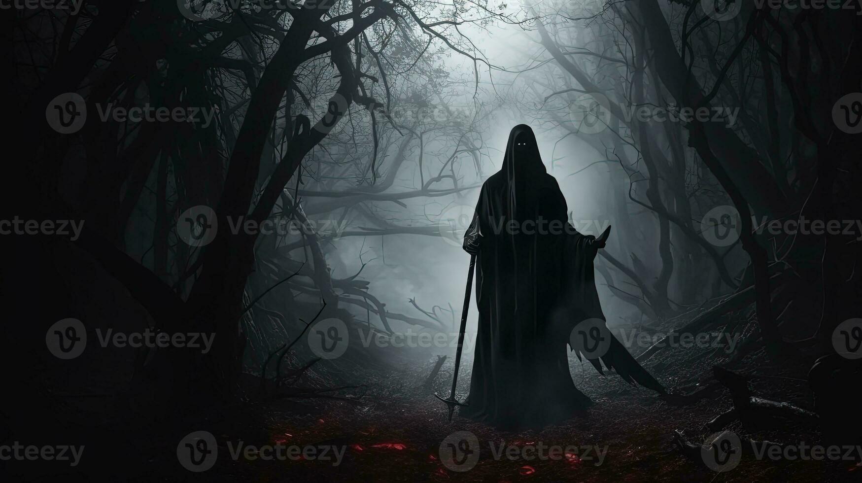 A spooky forest with a ghostly woman holding a scythe alluding to Halloween. silhouette concept photo