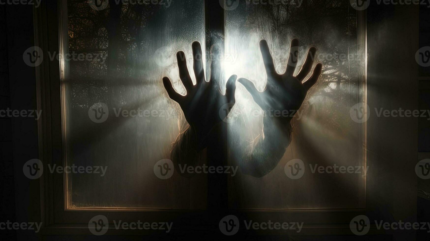 Spooky hands of a shadowy figure behind glass on a Halloween themed background. silhouette concept photo