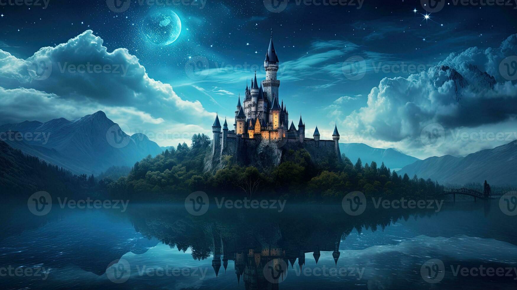 Beautiful castle under moonlit sky in fairy tale. silhouette concept photo