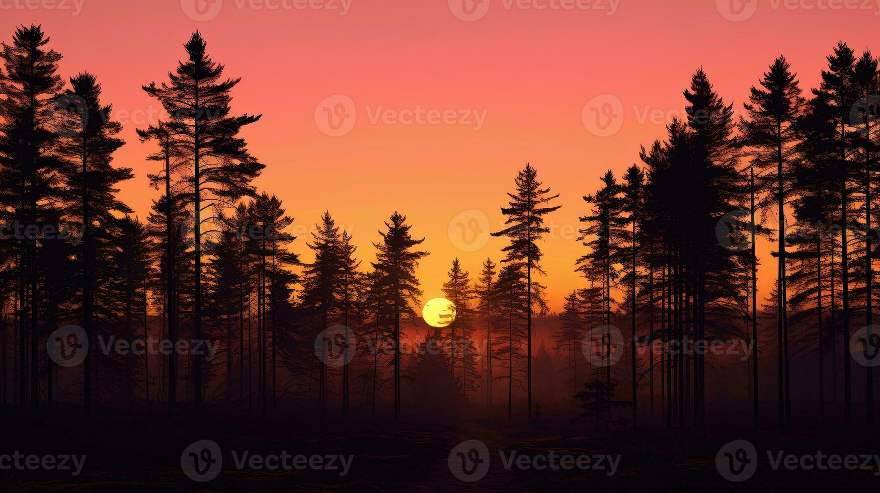 Sunset casting tree silhouettes in Scandinavian forest pink and yellow hues photo
