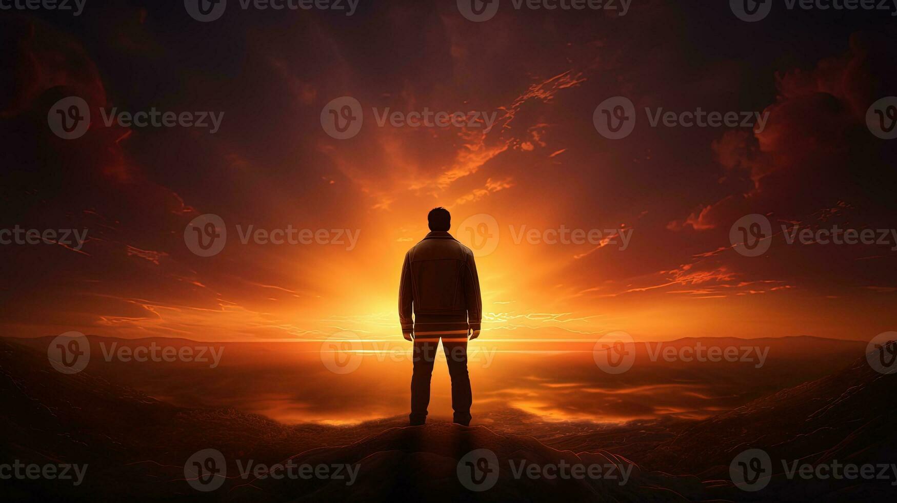 Man gazing at sunset s shadow. silhouette concept photo