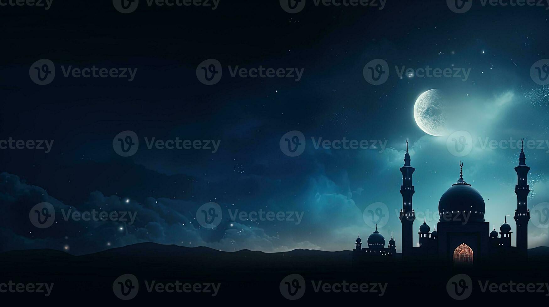 Mosques with Dome and Crescent representing Islamic traditions and celebrations on a twilight sky with space for arabic text symbolizing Ramadan Eid al Adha Eid a. silhouette concept photo