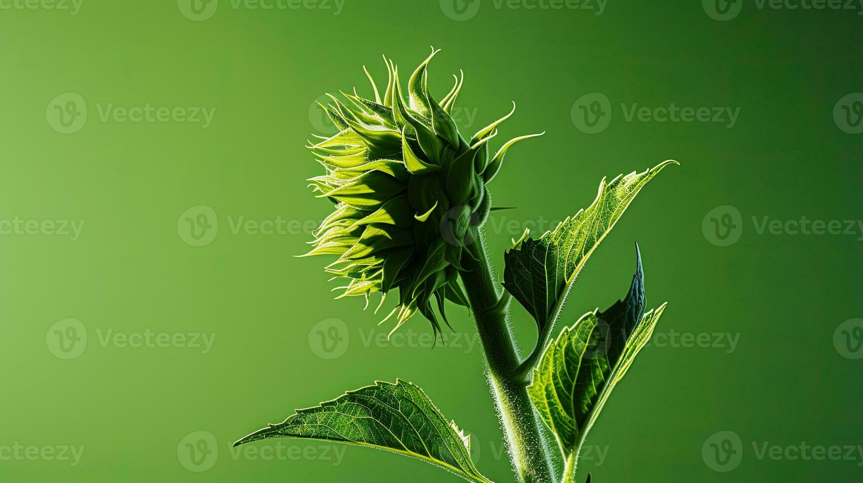 Minimal flower arrangement with sunflower bud cast in artistic shadow against a green backdrop. silhouette concept photo