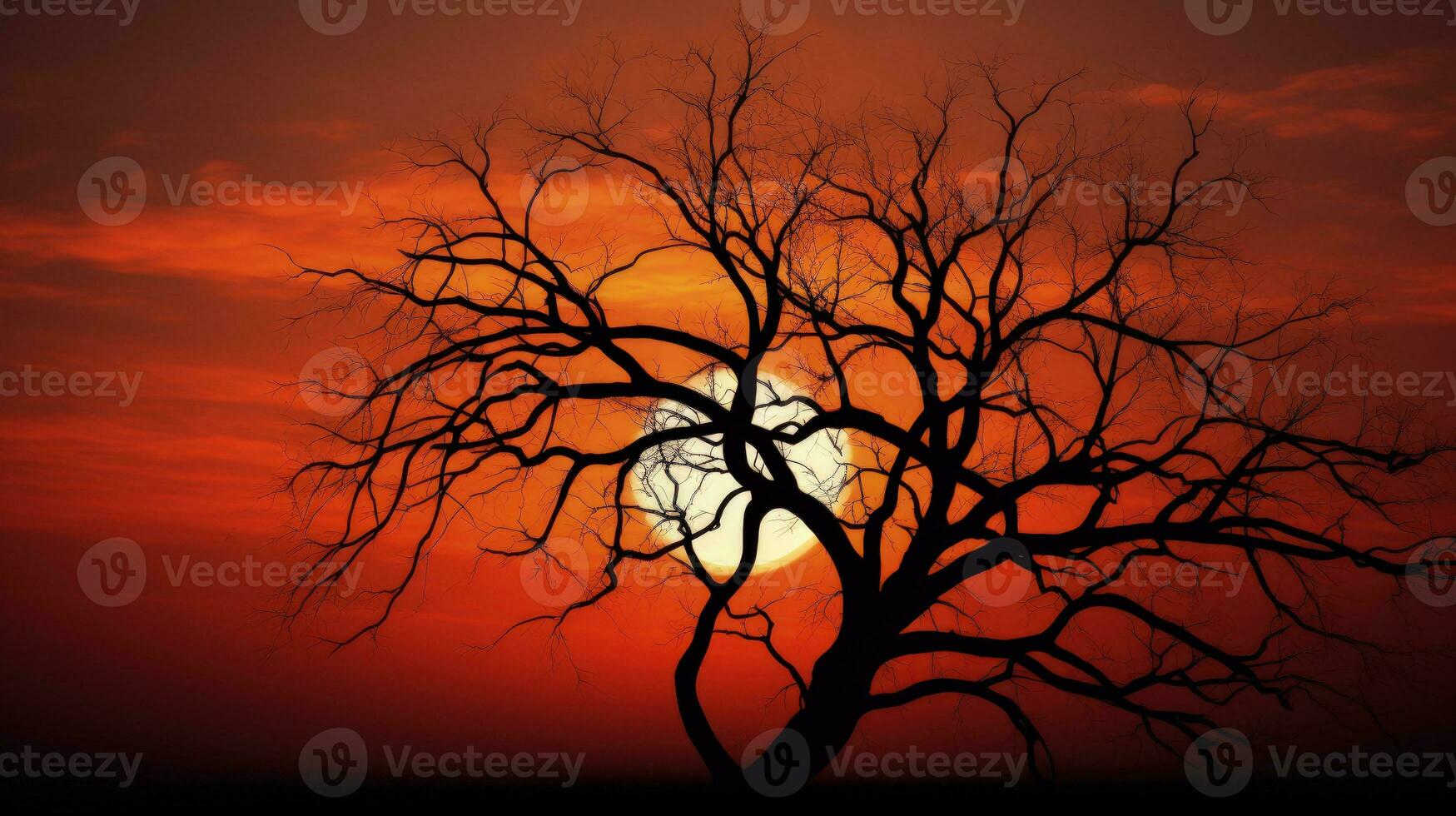 Afternoon sun casts tree branches as silhouettes at sunset photo