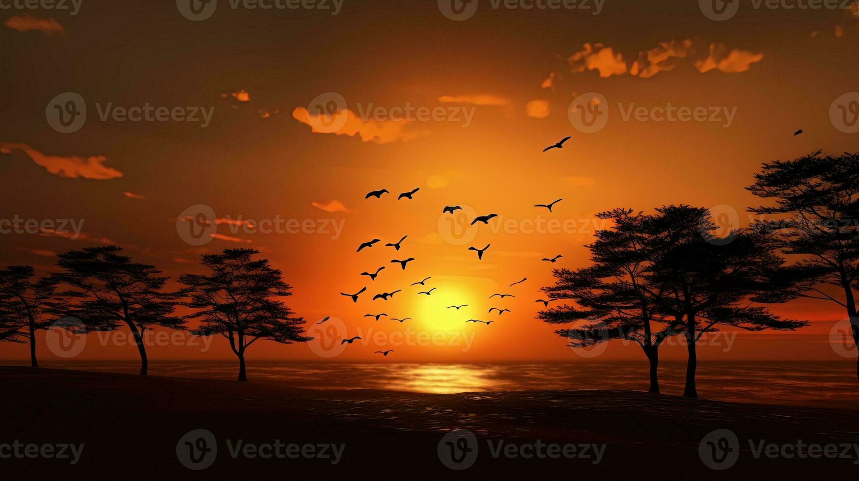 Birds flying by as the white sun highlights pearl clouds and tree silhouettes during an orange sunset photo