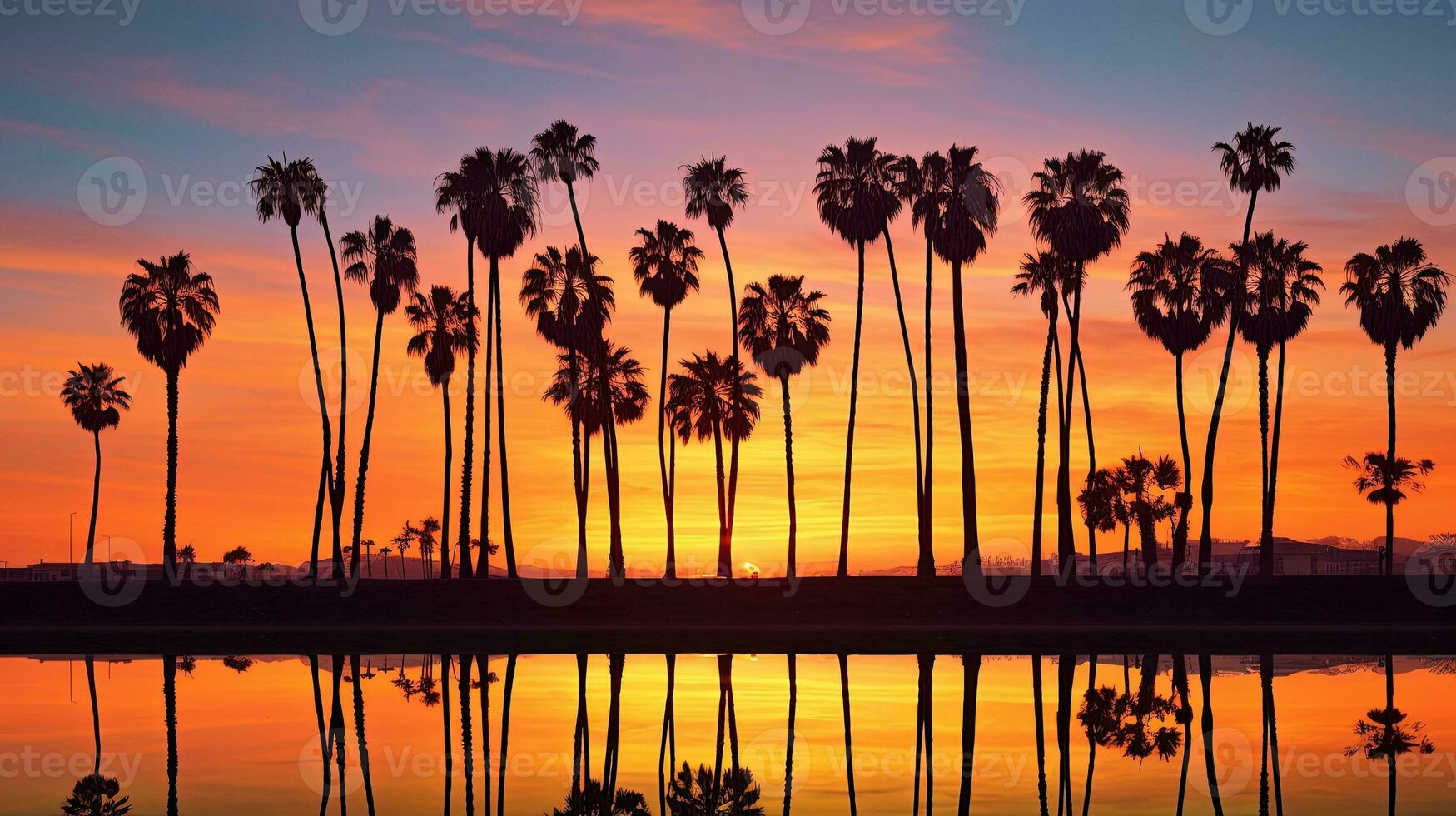 Palm tree lined Santa Barbara US a California sunset. silhouette concept photo