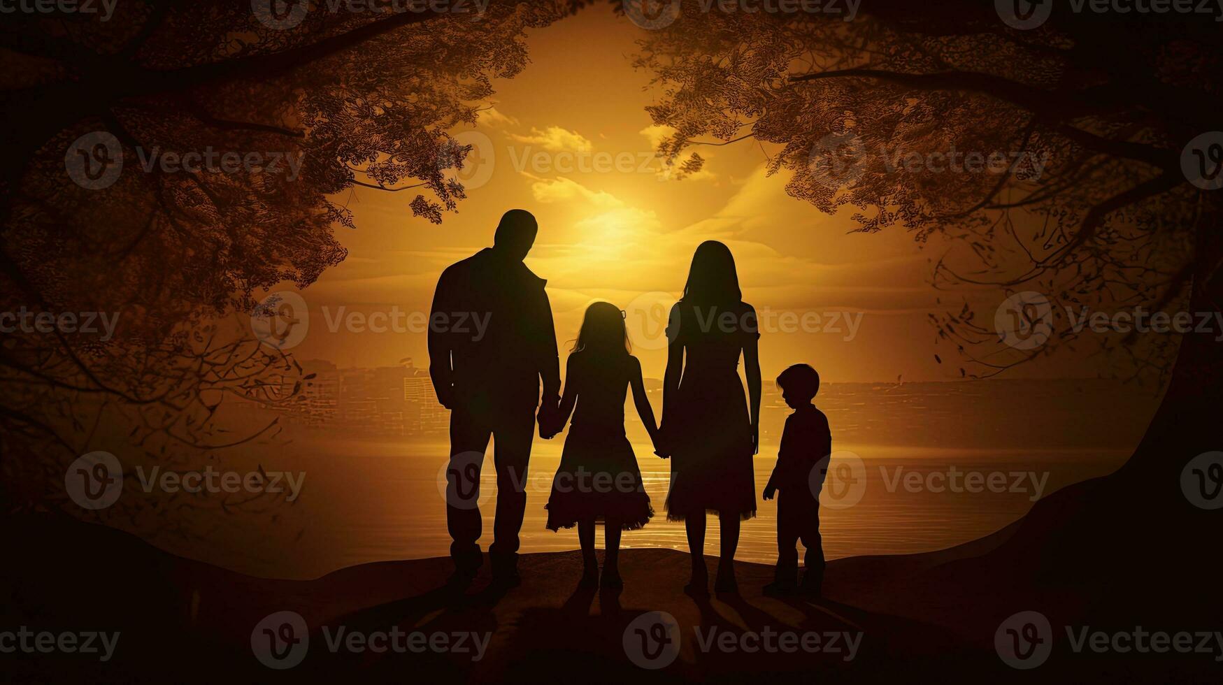 silhouette of family with children standing in front of the sunset photo