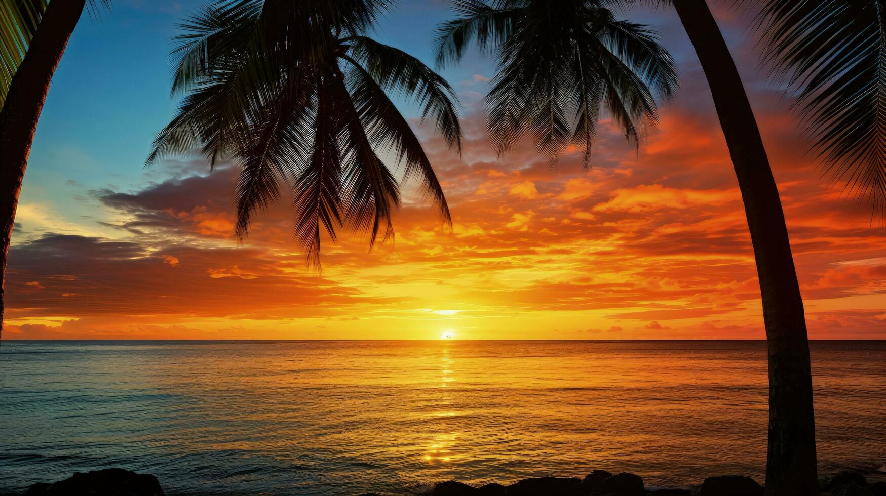 silhouettes of palm trees on a tropical beach at sunset photo