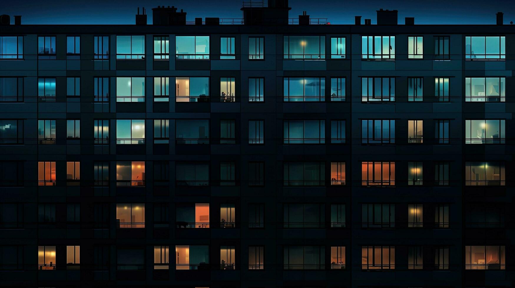 Lit windows of tall apartment building at night Urban backdrop. silhouette concept photo