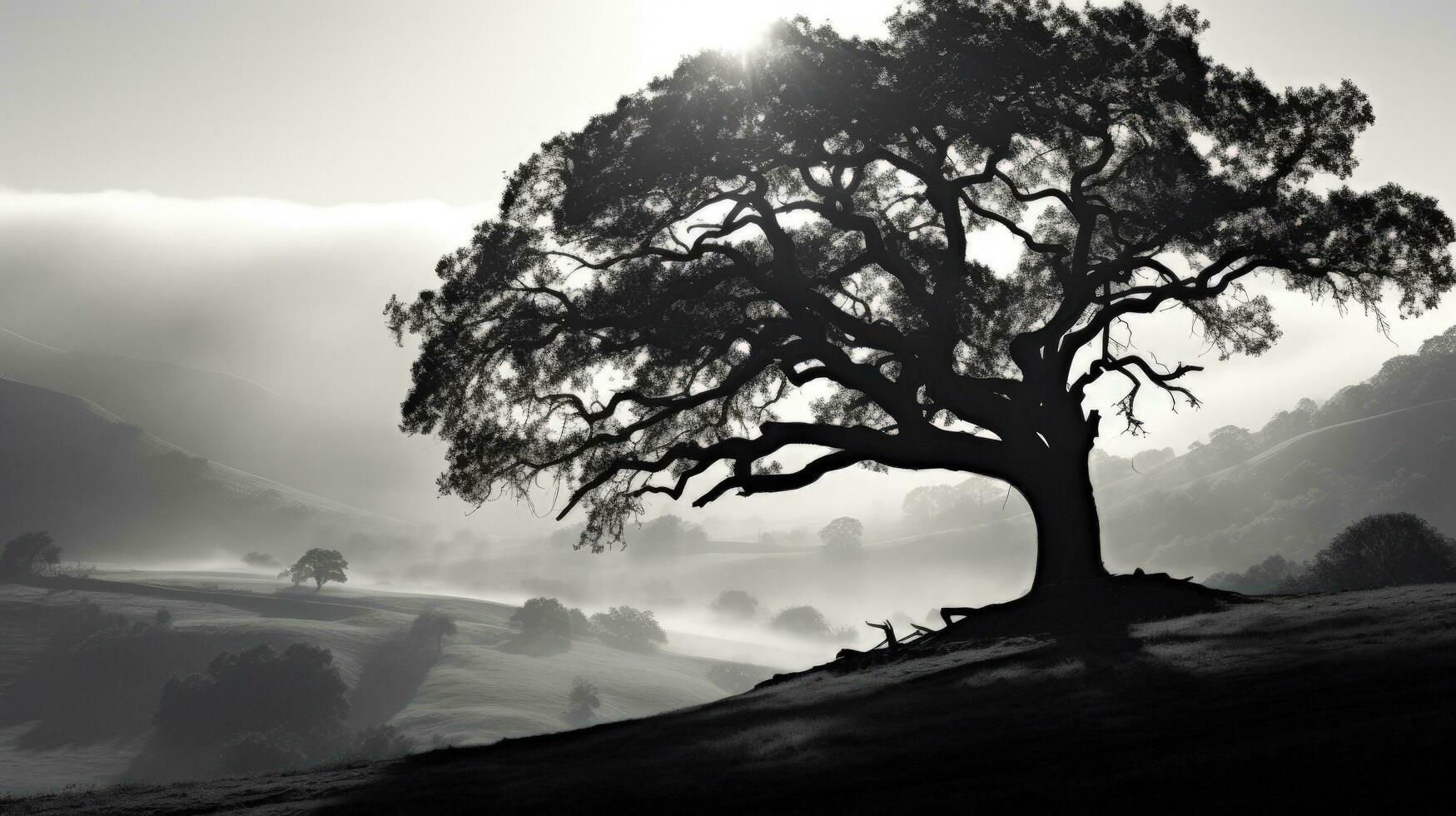 Monochrome picture of a huge oak tree on a foggy California slope at sunrise. silhouette concept photo