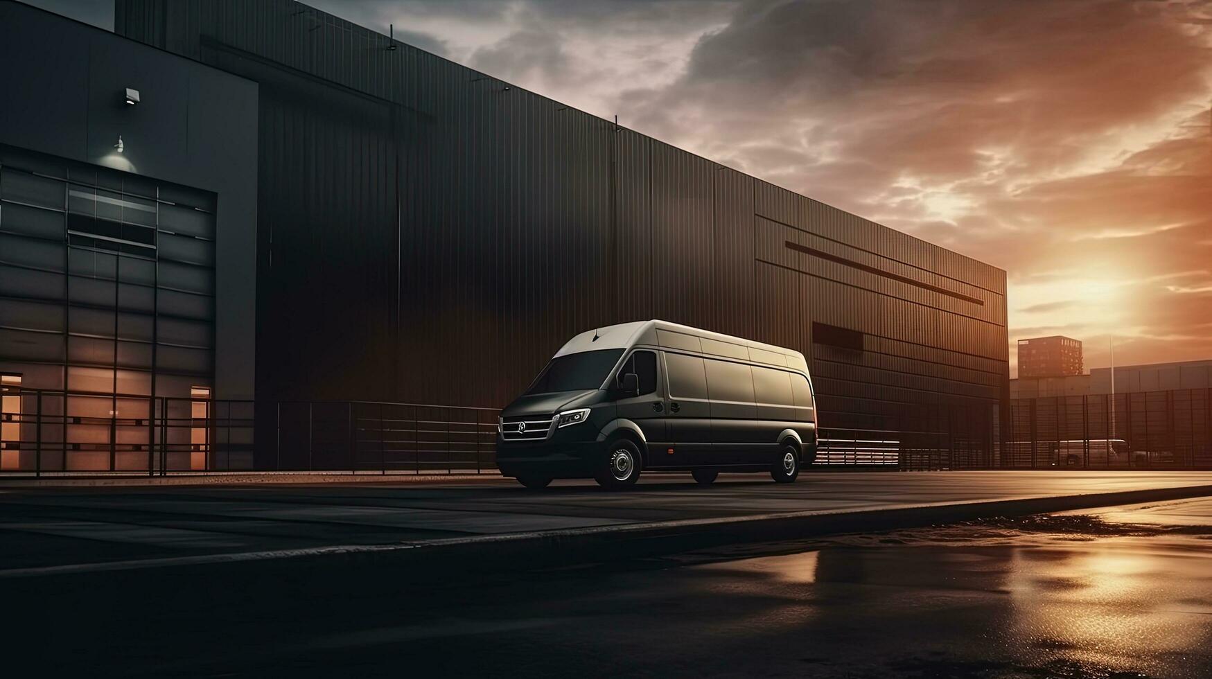 Cargo bus waiting for loading at logistic center while delivery minivan prepped for route. silhouette concept photo