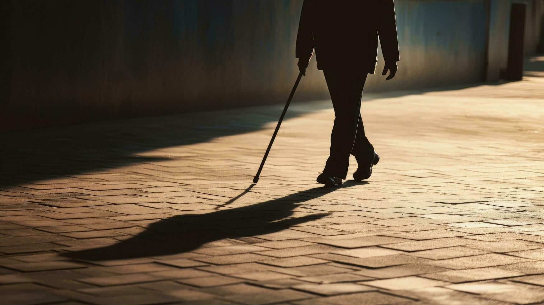 Silhouette of man walking with a cane, long shadow on pavement. Concept of  blind person, disability, old age, diseases of the spine Stock Photo