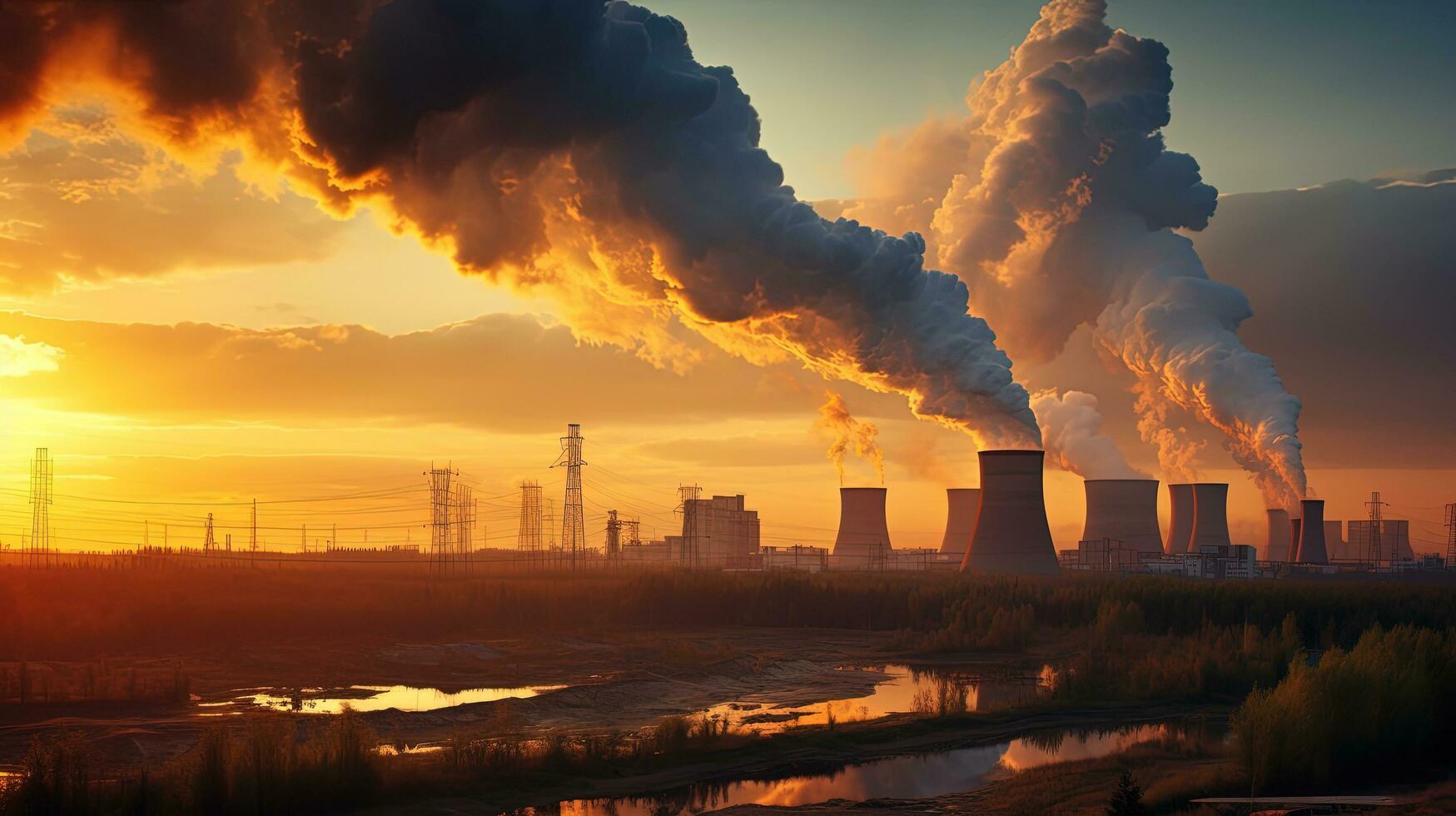 Sunset illuminates smoke from a thermal power plant highlighting ecological issues in Minsk Belarus. silhouette concept photo