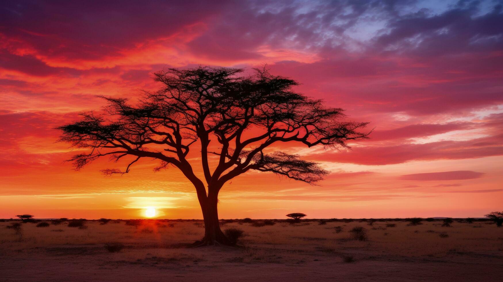 Sunset on African plains with acacia tree Kalahari desert South Africa. silhouette concept photo
