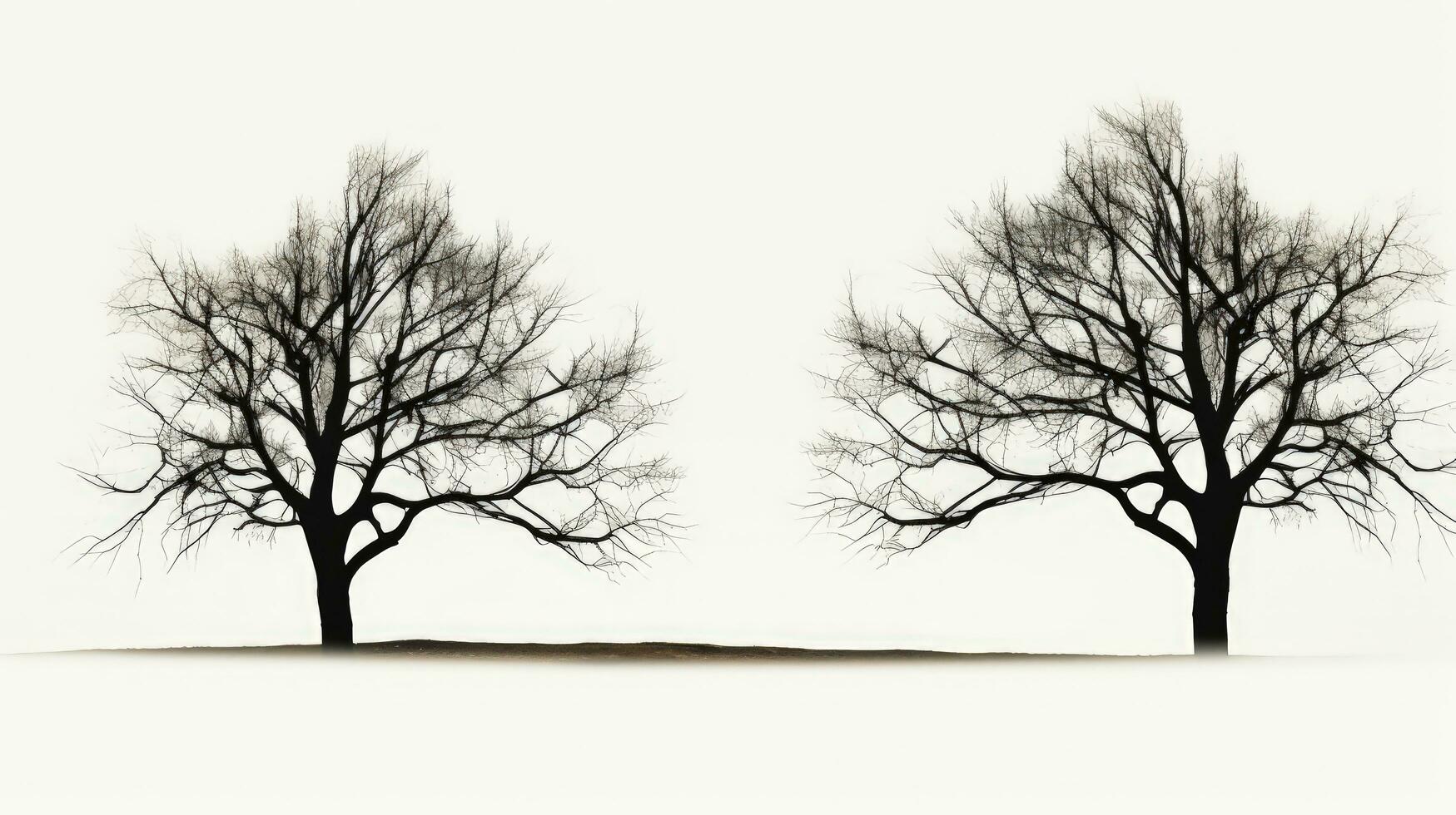 Photo of black twin trees with no leaves against a white backdrop. silhouette concept