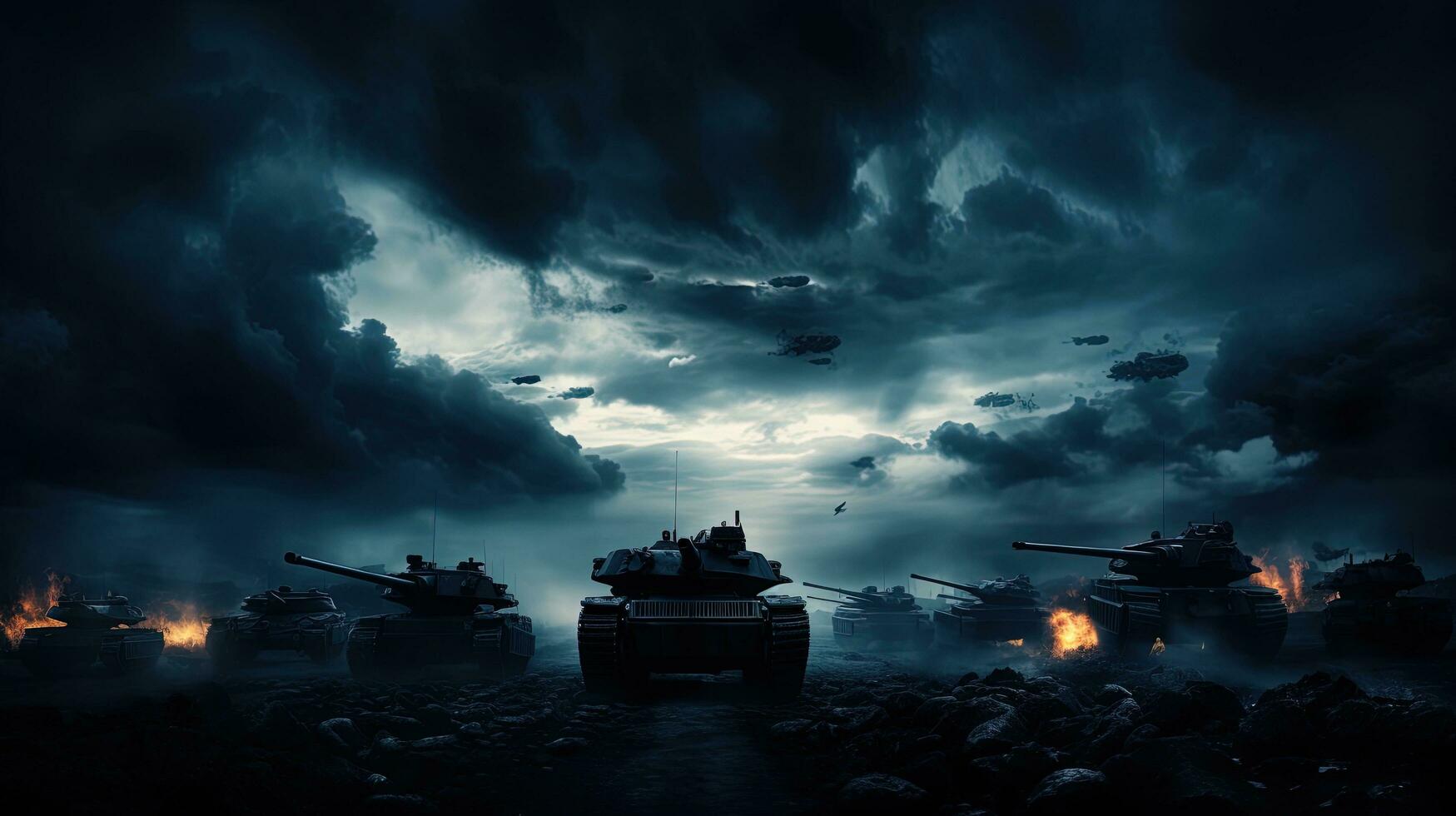 Military silhouettes battle below cloudy sky tanks and armored vehicles fight in war fog background photo
