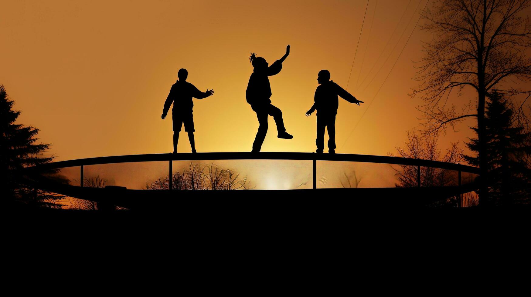 amigos haciendo trucos en un trampolín. silueta concepto foto