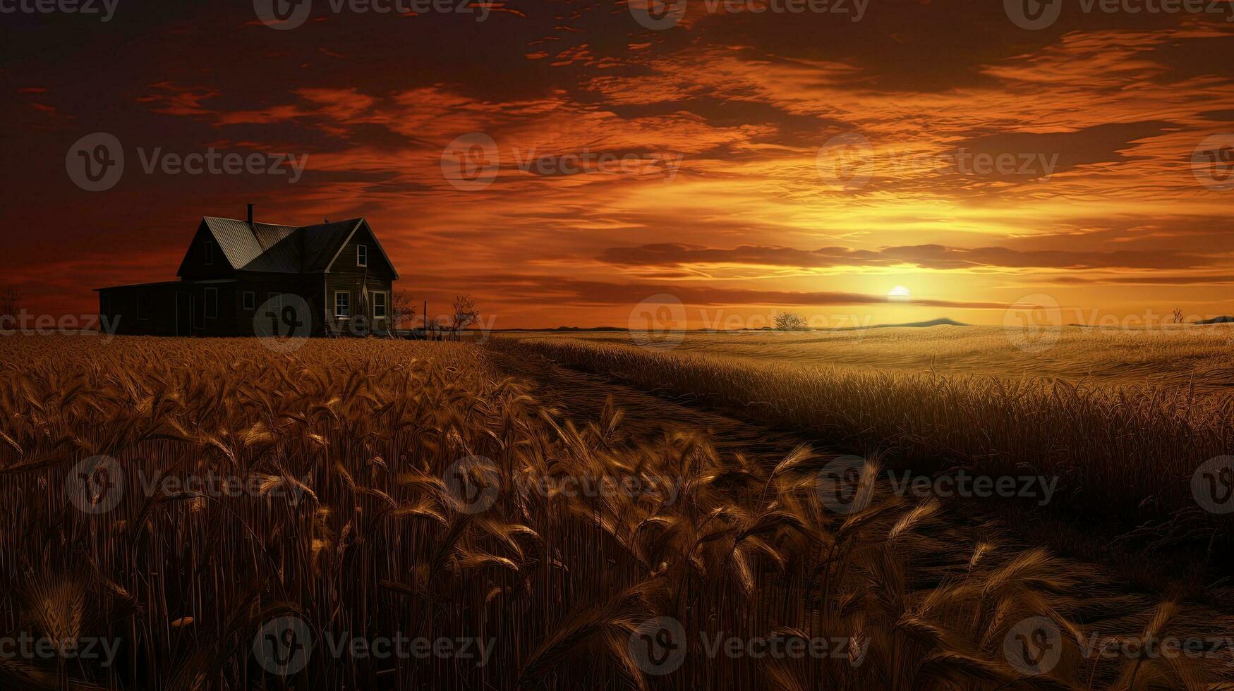 Wheat field swaying in the sunset on the homestead. silhouette concept photo