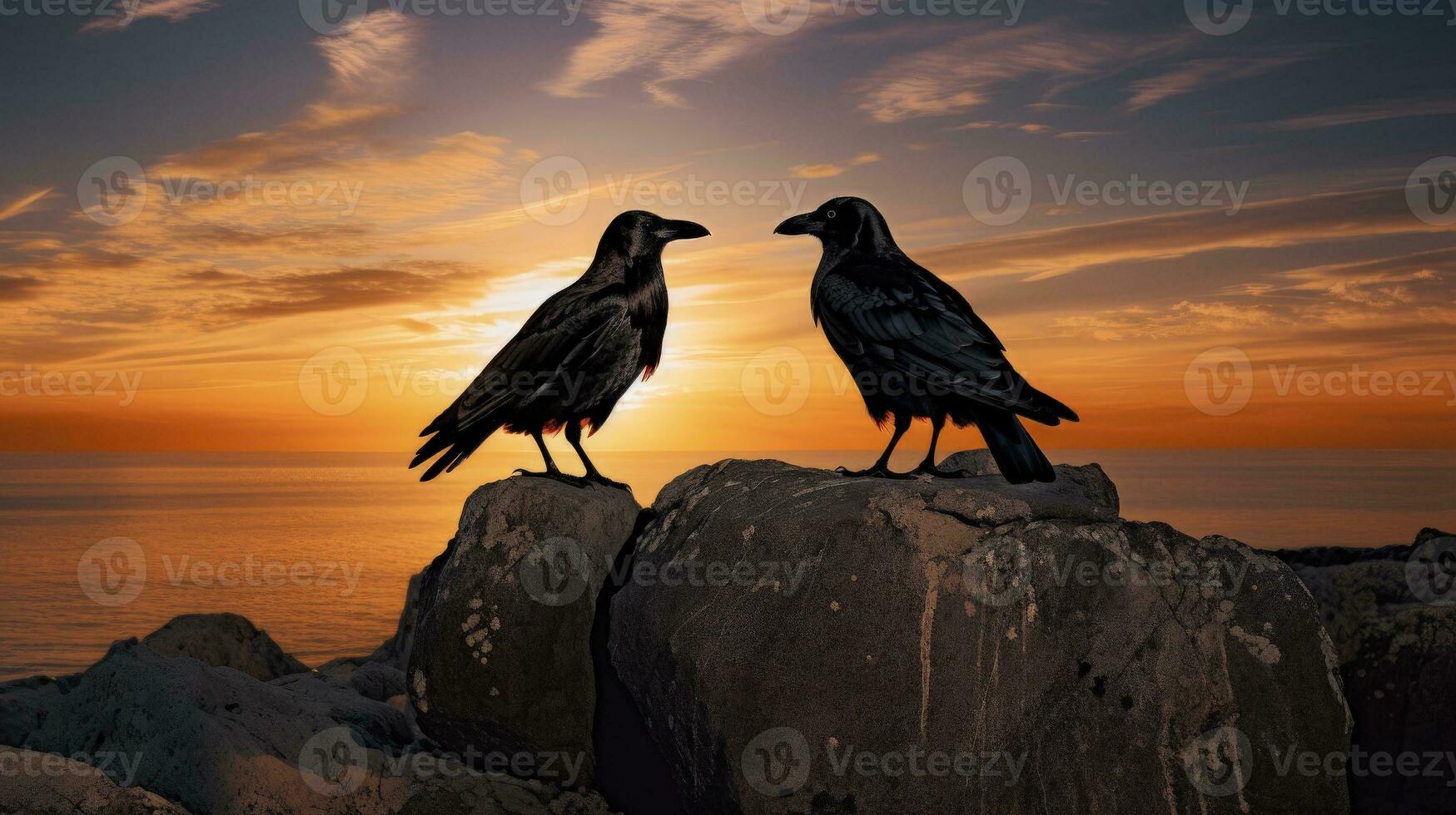 Two ravens standing on a stone with the sea as a backdrop. silhouette concept photo
